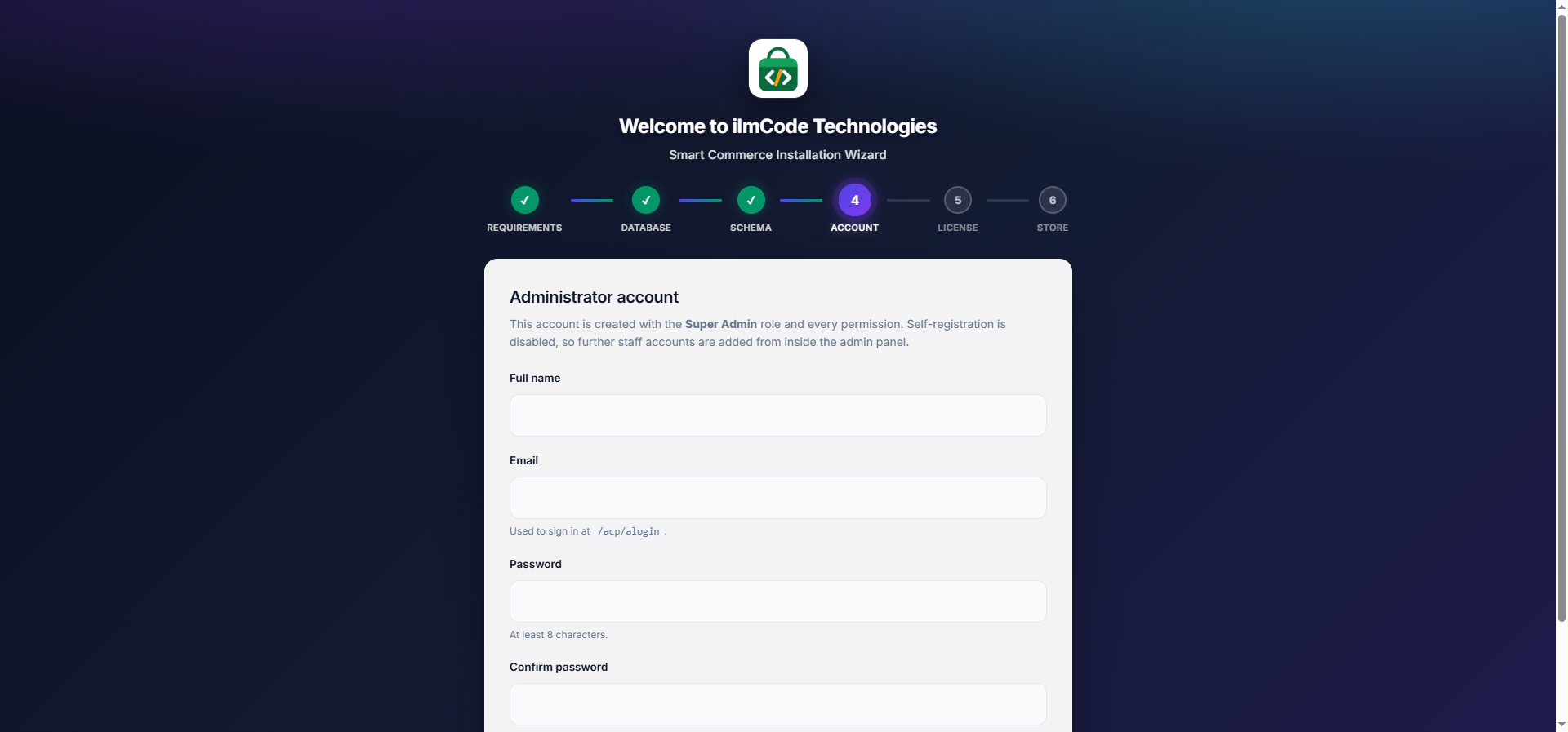 Installer — Admin account step