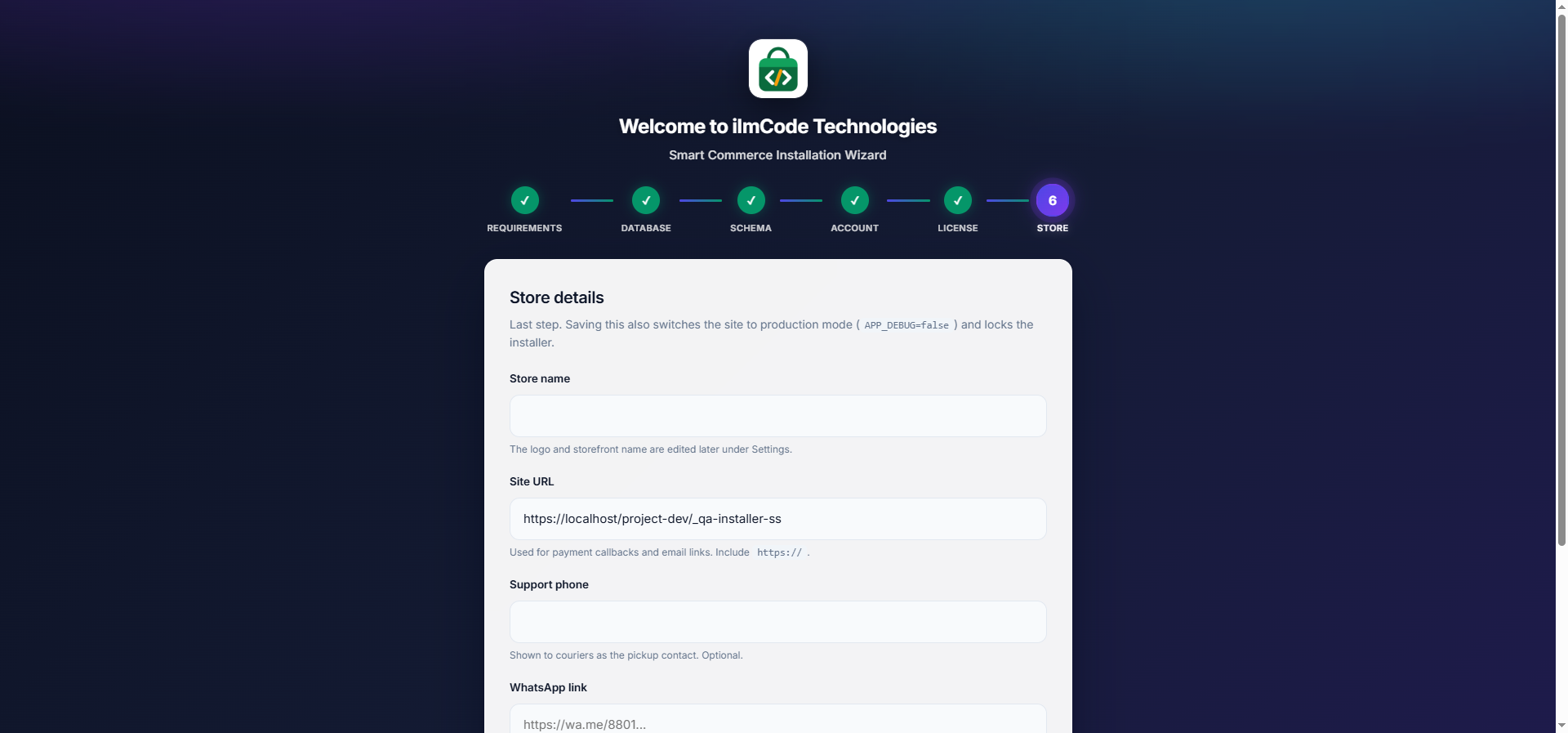 Installer — Store details step